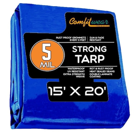 Comfitwear 5 MIL Standard Strong Multi-Purpose Tarp Cover Rust Proof Waterproof Reinforced Edges, Blue MT-1520
